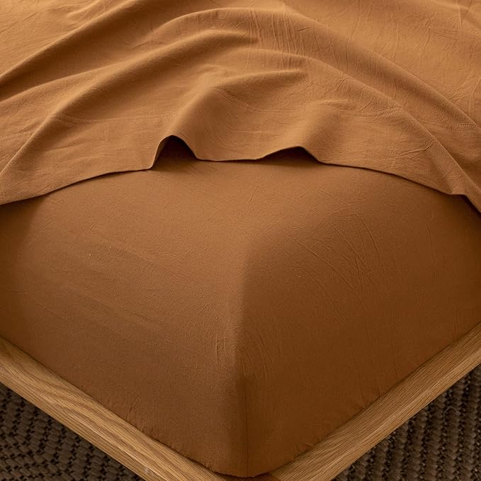 MooMee Fitted Bottom Sheet Only 100% Washed Cotton Linen Like Textured Breathable Durable Soft Comfy Deep Pocket Fits Mattress up to 17" (Dark Orange, Queen)