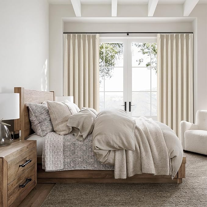 Topfinel Beige Curtains 96 Inch Long, Cream Pinch Pleated 100% Blackout Thermal Insulated Natural Linen Pinch Pleat Viral Drapes with Hooks Rings 2 Panel Sets, Burlap Flax 8FT Back Tab Curtains