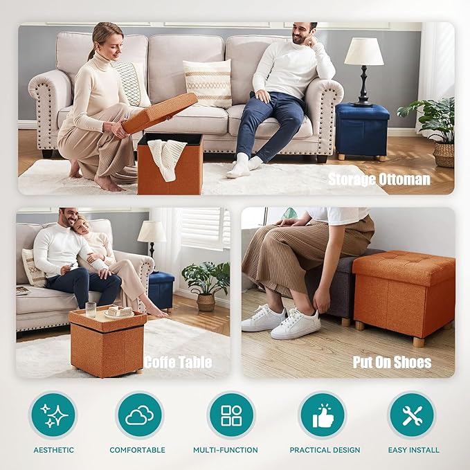 BRIAN & DANY Ottoman with Storage, Small Storage Ottoman for Dorm, Linen Folding Ottoman Foot Stool with Legs for Living Room and Bedroom, 15"x15"x15" - Orange