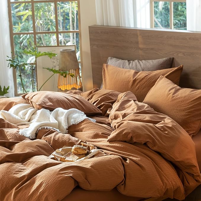 MooMee Wavy Striped Duvet Cover Set 100% Washed Cotton Linen Like Textured Breathable Durable Soft Comfy (Dark Orange, Cal King 104"x98")