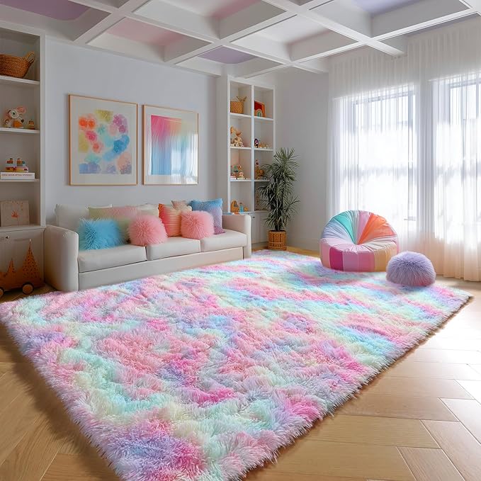 PAGISOFE 8x10 Rainbow Large Area Rug,Plush Rugs for Bedroom Girls,Shaggy Carpet for Kids Room,Fuzzy Nursery Rug for Baby's Toddler's Room,Clorful Room Decor for Teenage Pastel Princess Rug