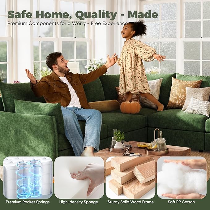 ABCASA 102.6" U Shaped Modular Sectional Sofa, 5 Seater Couch with Storage Ottoman Deep Seat and High Backrest with Removable Cover for Living Room, Apartment - Chenille Green