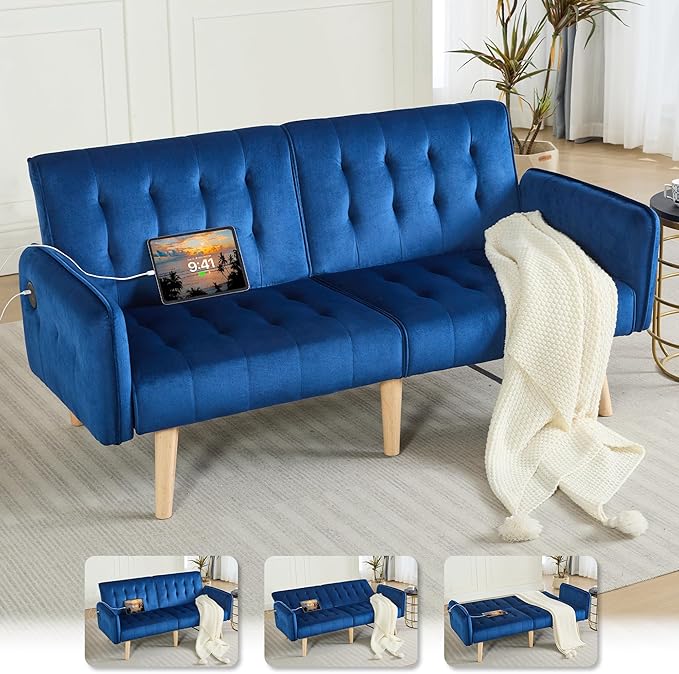 TYBOATLE 65" W Velvet Modern Convertible Folding Futon Couch Sofa Bed w/ 2 USB Charging Ports for Compact Living Space, Small Couches for Office, Dorm, RV Room, Apartment, Bedroom (Navy Blue)