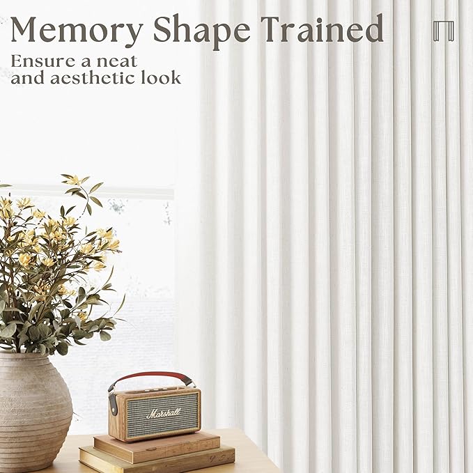 Ivory White Extra Wide Pinch Pleat Linen Curtains 84 Inches Long for Living Room Sliding Glass Door 100 Inch Wide Curtain Memory Trained Pleated Drape with Hooks Rings 100x84 Large Window Curtain
