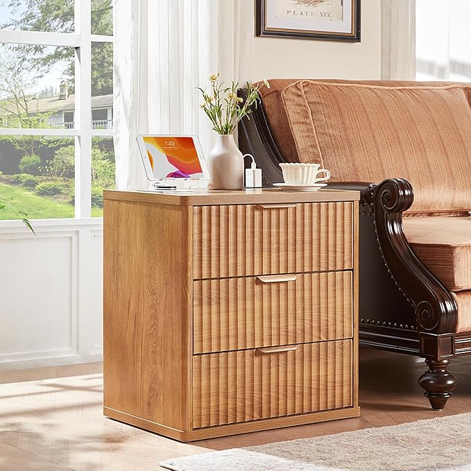 LEYAOYAO Fluted Dresser and Nightstand Sets, Wood 48" Wide Dresser & 23" Night Stand with Charging Station, 2 Piece Bedroom Furniture Set, Chest of Drawers for Bedroom, Home, Living Room, Brown