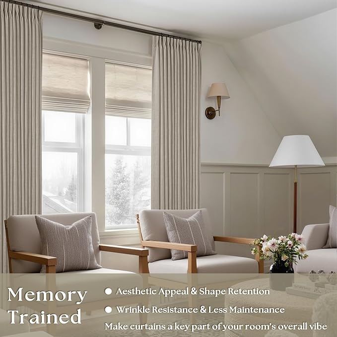 Taupe Burlywood Pinch Pleated Linen Curtains 96 Inches Long for Living Room Bedroom 2 Panels Light Filtering Pinch Pleat Hooks Rings Back Tab Neutral Country Farmhouse 96 Inch Window Curtain Drapes