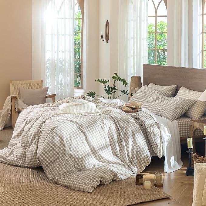 MooMee Gingham Duvet Cover Set 100% Washed Cotton Linen Like Textured Breathable Durable Soft Comfy Modern Checkered Design (Tannish Linen Grey Gingham, Twin 68"x90")