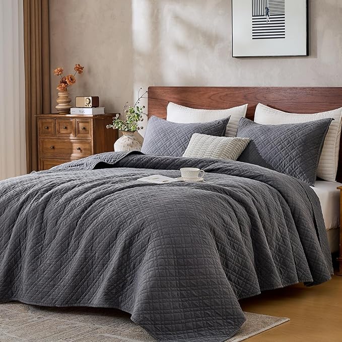Twin Quilt Set with Sham Lightweight Quilted Bedspread Coverlet Thin Comforter Bed Cover Vintage Washed Quilted Blanket for All Season, Brushed Microfiber Diamond Stitching, Ash Gray, 66"x92"