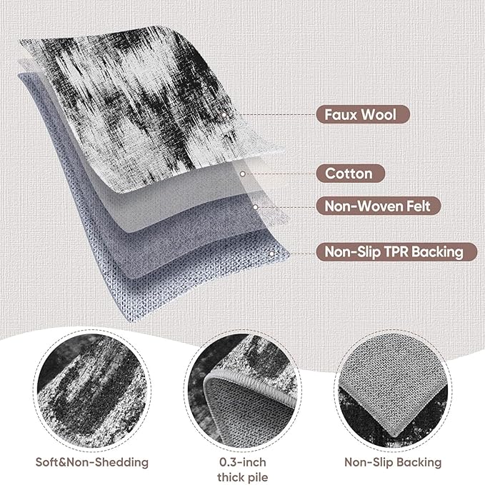 3x6 Kitchen Hallway Runner Rug: Long Washable Rug Runner Non-Slip Indoor Abstract Rugs - Low Pile Soft Floor Runners for Bedroom Living Room Dining Entryway Bathroom Laundry Black White 3x6