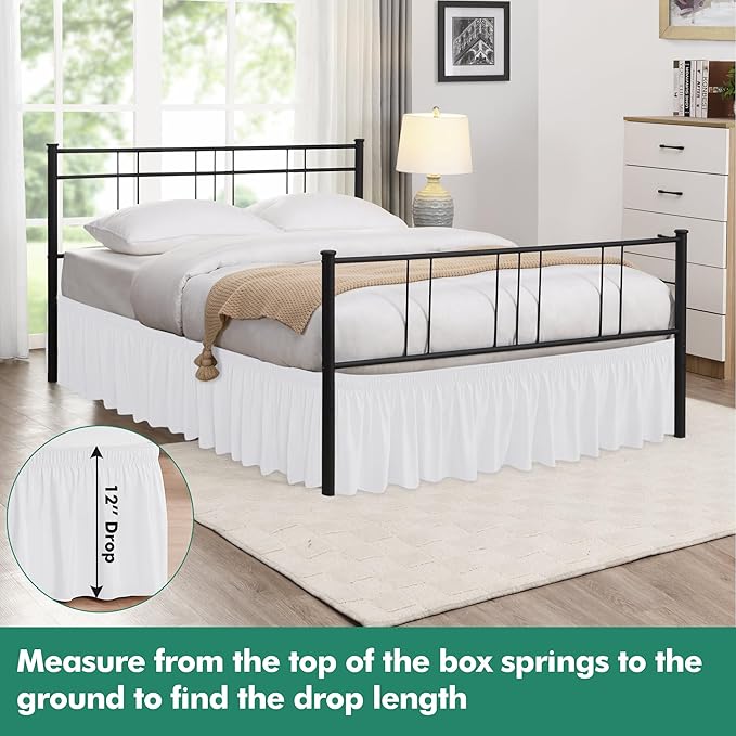 Biscaynebay Wrap Around Bed Skirts with Split Corners for Queen Beds 12" Drop, White Adjustable Elastic Dust Ruffles Easy Fit Wrinkle & Fade Resistant Silky Luxurious Fabric Machine Washable