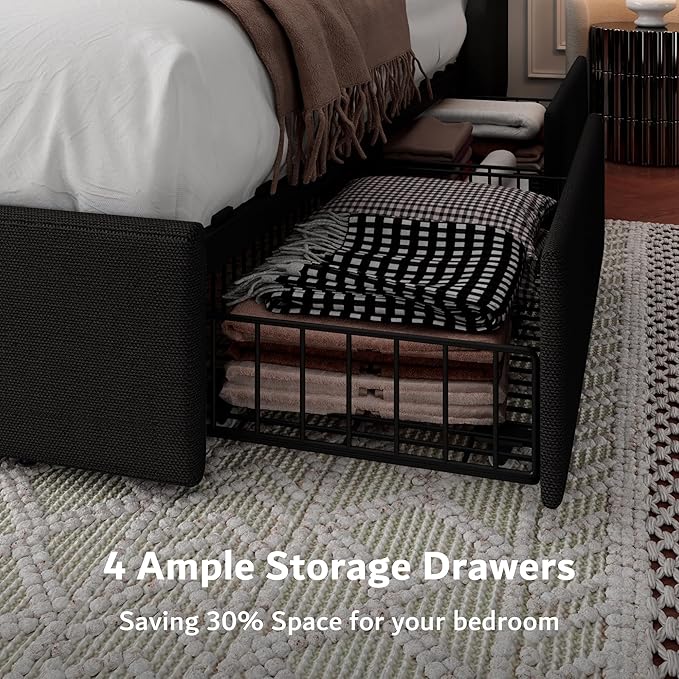 iPormis Queen Bed Frame with 4 Storage Drawers, Upholstered Platform Bed Frame with Type-C & USB Ports, Wingback Storage Headboard, Solid Wood Slats, No Box Spring Needed, Black