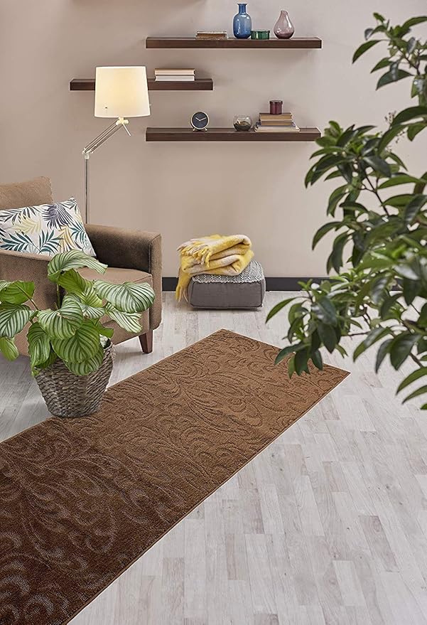 Custom Length Hallway Runner Rug,Slip Resistant,Floral Brown, 26 Inch X 33 feet, Sold and Priced Per Foot