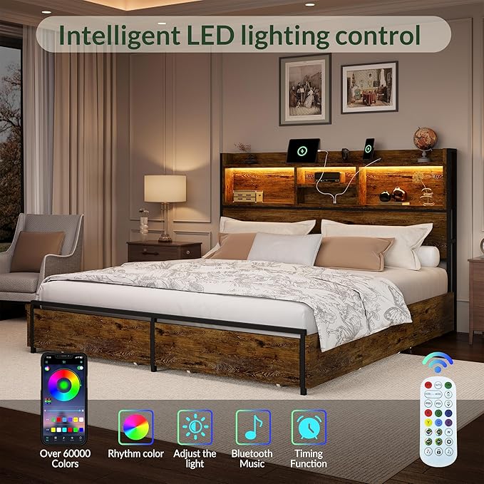 LARMACE King Size Bed Frame with 6 Storage Drawers and Headboard Wooden Platform Bed Frame with LED Lights and Charging Station Easy Assembly/No Box Spring Needed/Vintage Brown