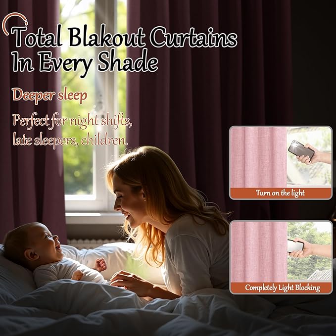Baby Pink Linen Blackout Curtains for Nursery 90 Inch Length 2 Panels Set, Thermal Insulated Boho Total Black Out Noise Reducing Bonzer Grommets Window Curtains for Girls Bedroom, Each 52 Inch Wide