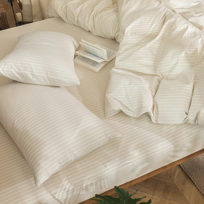 MooMee Striped Duvet Cover Set 100% Washed Cotton Linen Like Textured Breathable Durable Soft Comfy (Almond Milk Grey White Wide Stripes, Queen 90"x90")
