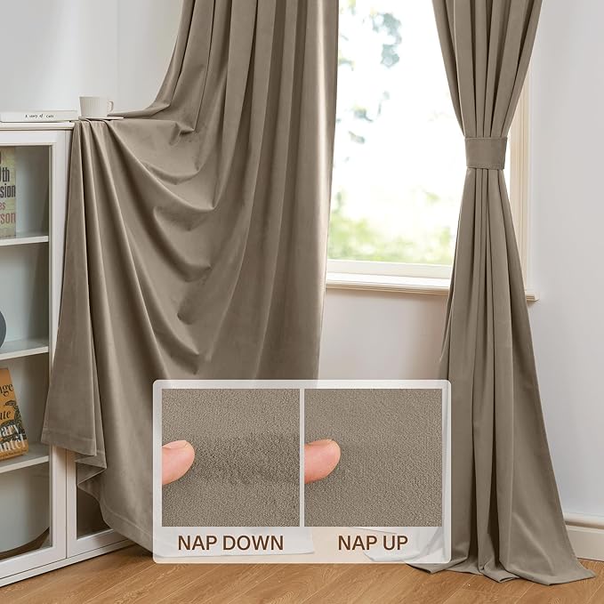 StangH Camel Beige Curtains 105 inches Stylish Thermal Insulated Window Drapes for Office, Soft Velvet Light Blocking Curtains, Neutral Beige Home Decor, W52 x L105, 2 Panels