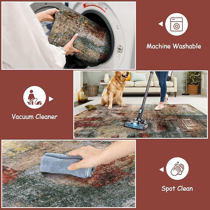 Lahome Modern Abstract Round Rug 4Ft - Washable 4x4 Circle Rugs for Living Room Bedroom Bathroom Non Slip, Soft Indoor Floor Carpet for Kitchen Entryway Family Room, Red/Multi