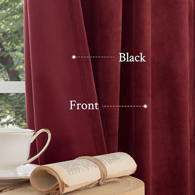 LAMIT Burgundy Red Velvet Curtains 120 Inch for Living Room, Vintage Thermal Blackout Panels Room Darkening Back Tab and Rod Pocket Christmas Decor Drapes for Bedroom/Theater, 2 Panels, 52 x 120 Inch
