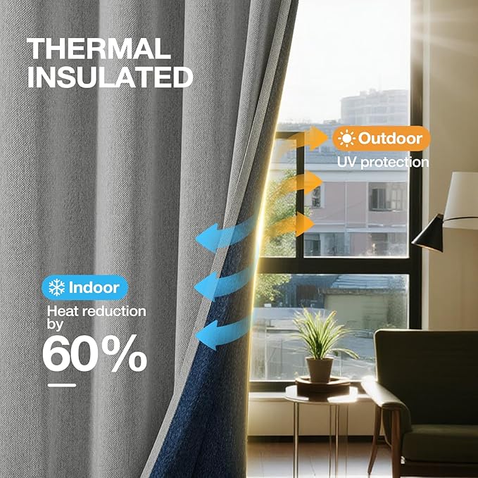 100% Blackout Extra Long Curtains 120 inch Length 2 Panels for Living Room, Linen-Look Textured Room Darkening Thermal Insulated Noise Reduction Drapes for Bedroom (W52xL120, Grey)