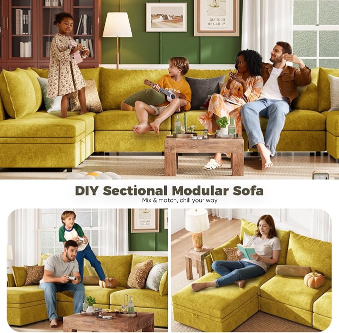 ABCASA 102.6" Luxury Modular Sleeper Sofa Bed 6 Seat Reversible Sectional Couch Deep Seat with Storage Chaises Removable Cover for Living Room, Apartment - Chenille Yellow