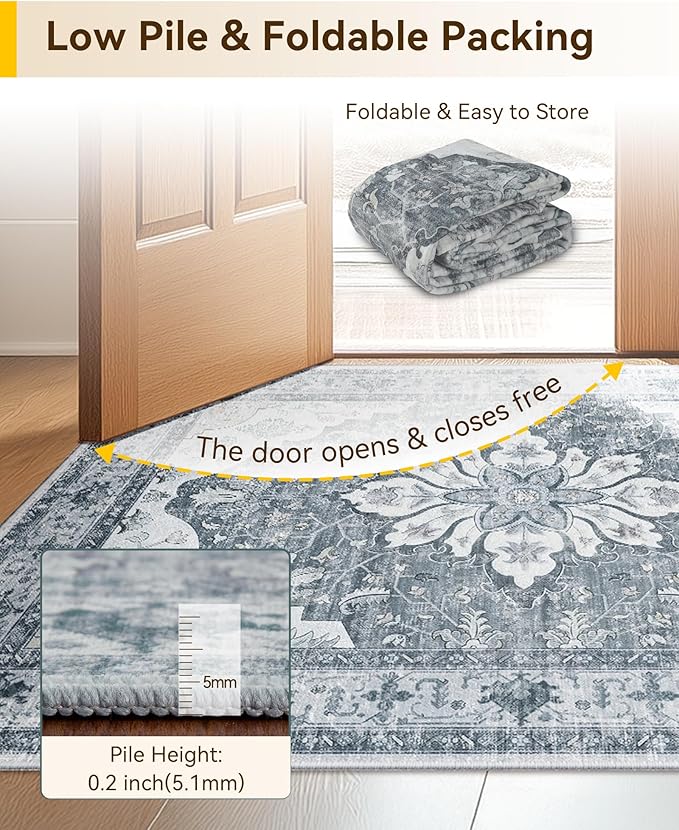 Area Rugs 2'x5' Washable Non-Slip, Floral Vintage Distress Print Pattern Medallion Carpet for Living Room Bedroom Dining Room, Light Gray Grey White