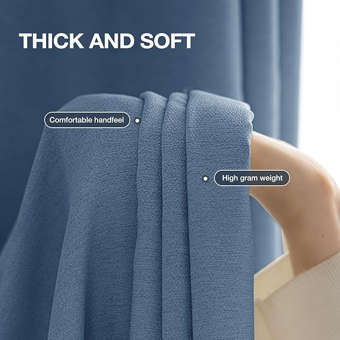 100% Blackout Curtains for Bedroom 90 inch Length 2 Panels Set, Farmhouse Linen-Look Textured Full Light Blocking Room Darkening Thermal Insulated Drapes for Living Room (W52xL90, Blue)