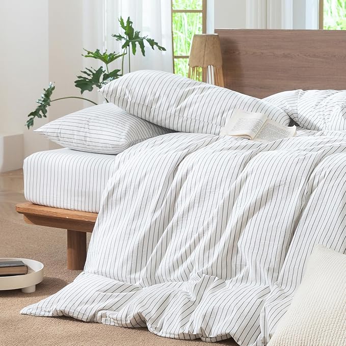 MooMee Striped Duvet Cover Set 100% Washed Cotton Linen Like Textured Breathable Durable Soft Comfy (White Heathered Green Wide Stripes, Cal King 104"x98")