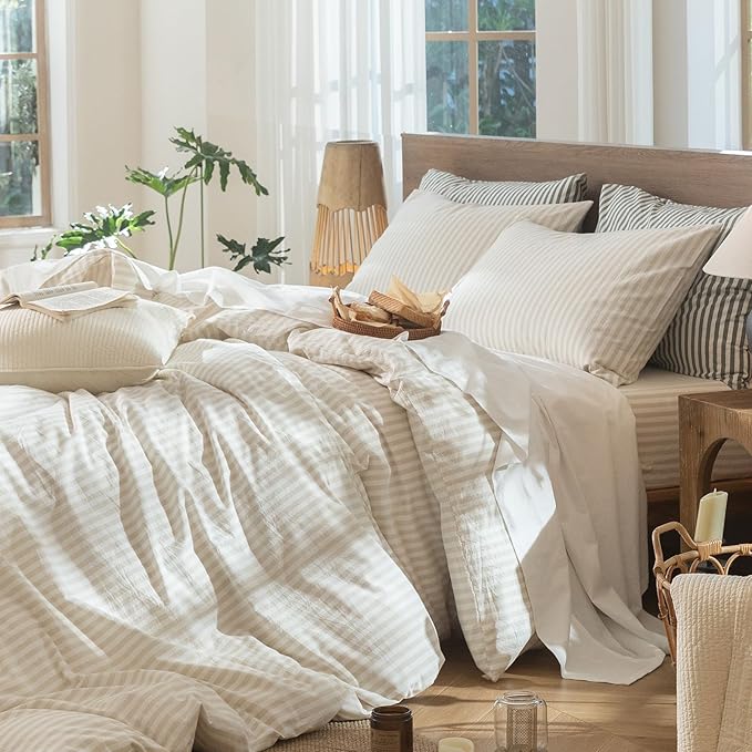 MooMee Striped Duvet Cover Set 100% Washed Cotton Linen Like Textured Breathable Durable Soft Comfy (Almond Milk Grey Classic Stripes, Twin 68"x90")