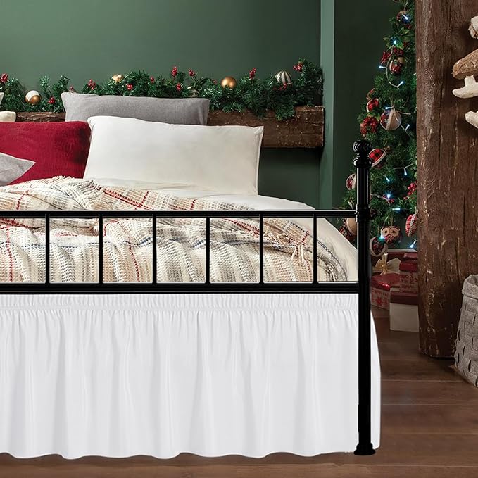 Biscaynebay Wrap Around Bed Skirts with Split Corners for Queen Beds 25" Drop, White Adjustable Elastic Dust Ruffles Easy Fit Wrinkle & Fade Resistant Silky Luxurious Fabric Machine Washable