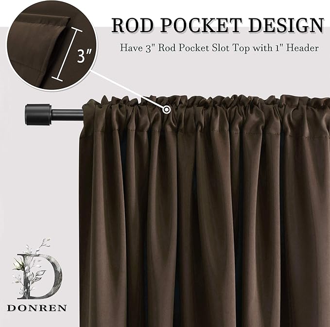 DONREN Chocolate Brown Blackout Curtains for Cafe - Soft Smooth Heavyweight Thermal Insulating Rod Pockets Drapes Panels for Living Room(52 by 63 Inch,2 Panels)
