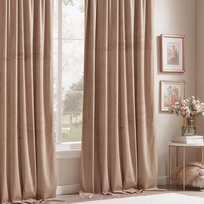 StangH Girls Bedroom Velvet Curtains 63 inch Length - Rod Pocket Top Soft Luxury Window Drapes Room Darkening Privacy Protect Panels for Kids, Blush Beige, W52 x L63, 2 Panels