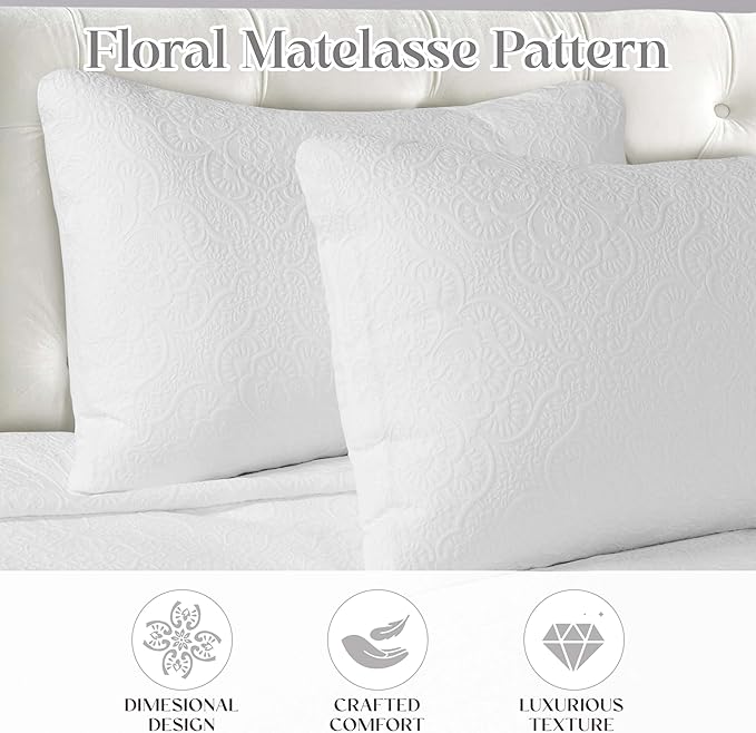 Superior 3 Piece Bedspread Set, Home Bed Decor, Decorative Bed Spread, 2 Pillow Shams, Medium Weight Blanket, Floral Matelasse Coverlet, Bedding Essentials, Enzy Collection, King, White