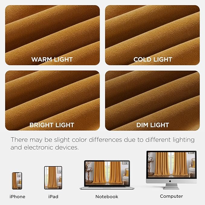 Joydeco Mustard Yellow 100% Blackout Curtains 108 Inch 2 Panels, Luxury Thermal Yellow Velvet Curtains for Bedroom Living Room, Soundproof Blackout Window Drapes, Rod Pocket & Back Tab (52W x 108L)
