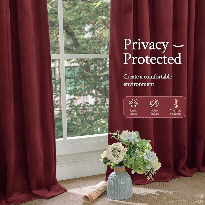 LAMIT Burgundy Red Velvet Curtains 84 Inch for Living Room, Vintage Thermal Insulated Panels Christmas Decor Room Darkening Back Tab and Rod Pocket Drapes for Bedroom/Theater, 2 Panels, 52 x 84 Inch