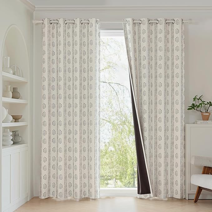 100% Boho Blackout Curtains 63 Inches Long for Bedroom, Black on Beige Patterned Bohemian Curtains for Living Room, Geometric Striped Thermal Insulated Window Drapes Gromment Top 2 Panels