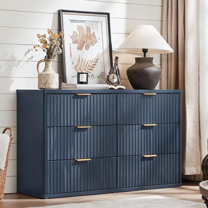 LEYAOYAO Fluted Dressers & Nightstand Set of 4, Wood 48" Wide Dresser & 42" Tall Chest of Drawers,Modern Bedroom Furniture Sets,Navy Blue Wooden Nightstand Set of 2 with 3 Drawers & Charging Station