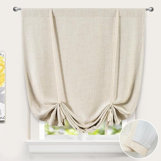 DriftAway Double Layer Linen Blackout Tie Up Curtains Thermal Insulated Fully Lined Balloon Roman Shade Bathroom Window Adjustable Rod Pocket for Small Window 45 Inch by 63 Inch Beige