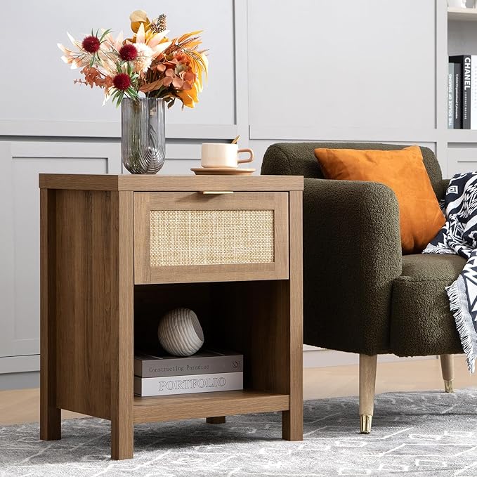 SICOTAS Rattan Nightstands Set of 2 - Farmhouse Night Stand with Drawer and Storage Shelf - Boho Bedside Table End Side Table for Bedroom, Oak