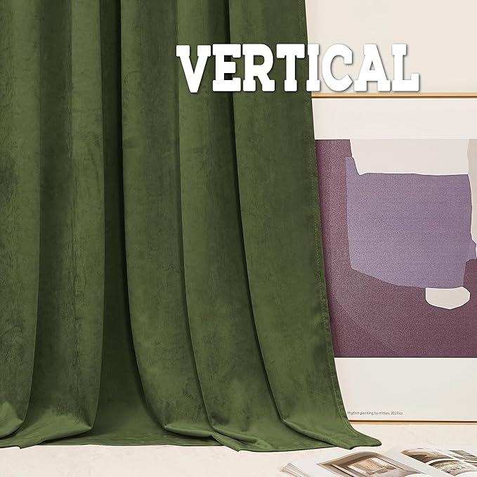 RYB HOME Velvet Curtains 72 inches Length, Back Tab & Rod Pocket Soft Fabric Curtains & Drapes for Home Office Attic Cafe Basement, Olive Green, W 52 x L 72, 2 Panels Set