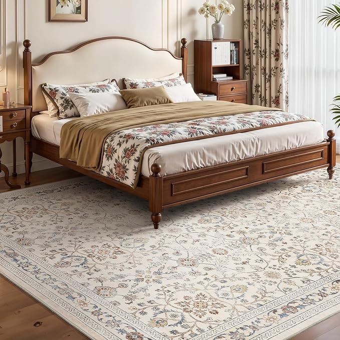 MontVoo-Vintage Area Rug 9X12 Beige Rugs for Living Room-Soft Distressed Printed Rugs for Bedroom-Non Slip Carpet-Machine Washable Rug for Dining Room Living Room Bedside Office