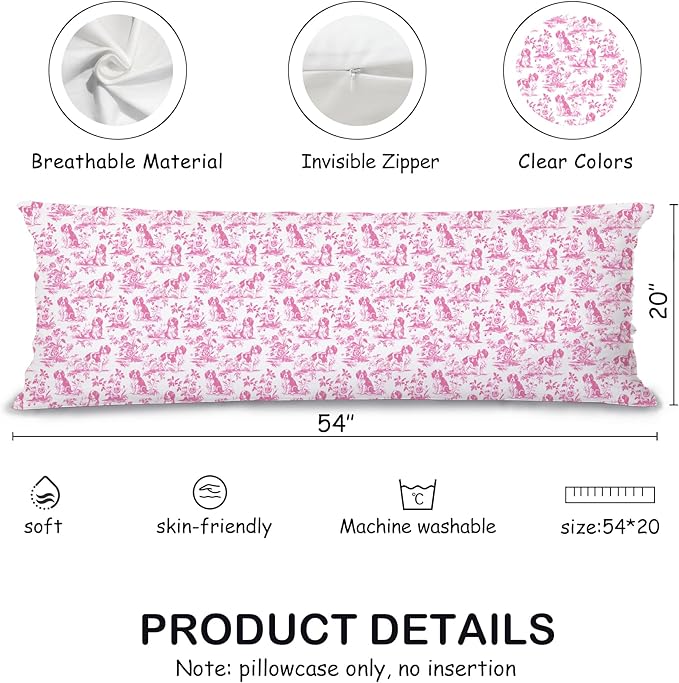 Pink Chinoiserie Cavalier King Charles Spaniel Dog 20x54 Body Pillow Cover with Zipper,Grandmillennial Pink French Country Cavalier Dog Decorative Body Pillow Cases for Bed Couch