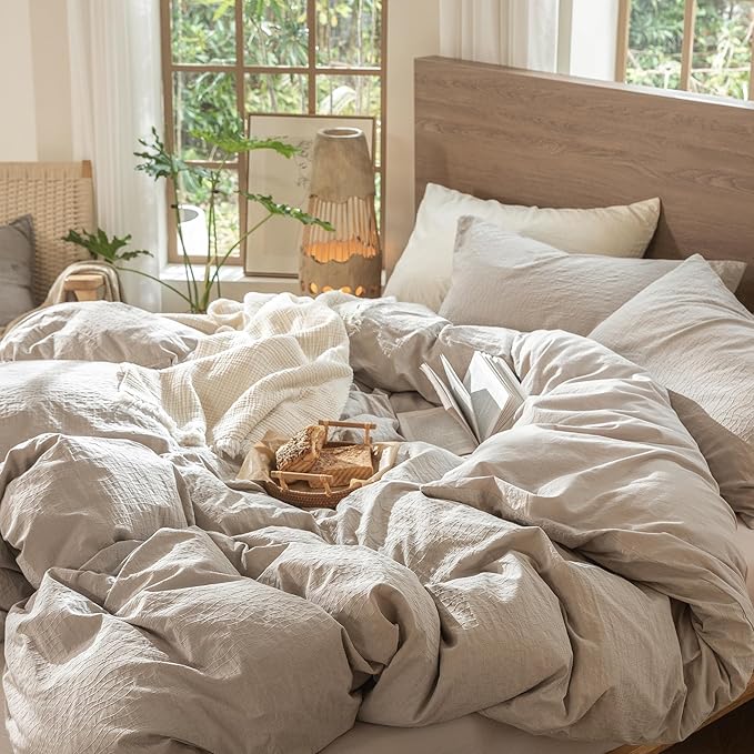 MooMee Wavy Striped Duvet Cover Set 100% Washed Cotton Linen Like Textured Breathable Durable Soft Comfy (Beige, King 104"x90")