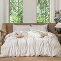 MooMee Striped Duvet Cover Set 100% Washed Cotton Linen Like Textured Breathable Durable Soft Comfy (White Almond Milk Grey Wide Stripes, Super King 108"x98")