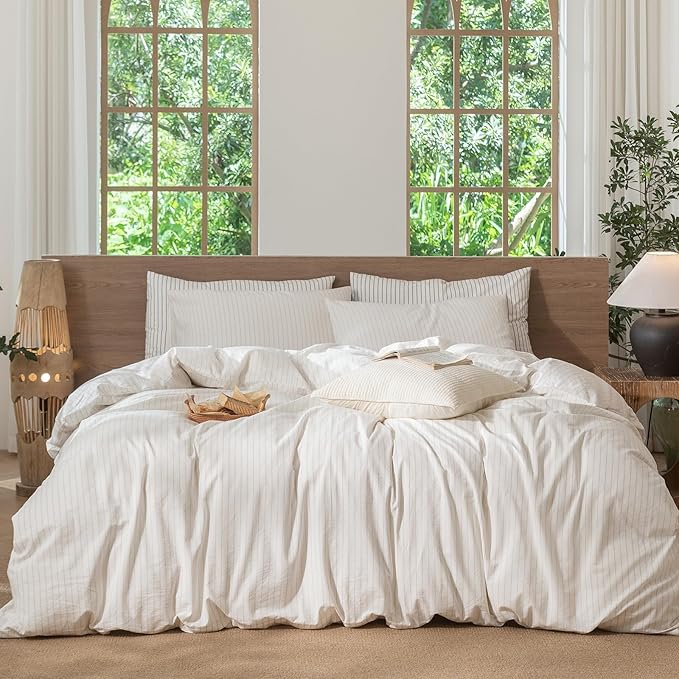 MooMee Striped Duvet Cover Set 100% Washed Cotton Linen Like Textured Breathable Durable Soft Comfy (White Almond Milk Grey Wide Stripes, Super King 108"x98")