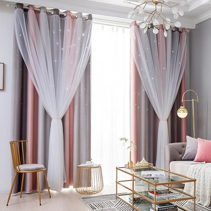 Star Blackout Curtains for Bedroom - Cute Kids Rainbow Curtains, 72 Inch Long 2 Panels, Pink & Grey, 52 x 72 Inch