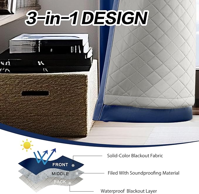 3 Layers Soundproof Curtains Grommet Full Blackout Curtains with Thermal Insulation Curtains Noise and Heat Reduction for Bedroom Living Room 50”widthx108”Length Inch Navy Blue 1 Panel