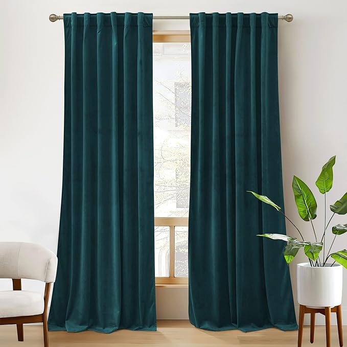 RYB Home Teal Velvet Curtains 84 inch Length - Super Soft Durable Window Drapes Plush Velvet Room Darkening Backdrop for Nursery Playroom Bedroom, Peacock Blue, W52 x L84 inches, 2 Panels