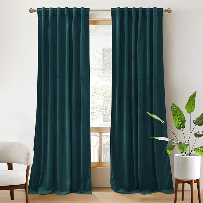 RYB HOME Velvet Curtains 102 inches Long, Back Tab Room Darkening Noise Reducing Window Treatment for Living Room Bedroom Privacy Protect for Stuido, Peacock Blue, W52 x L102 inch, 2 Panels