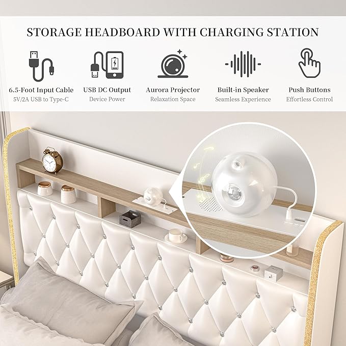 Twin LED Bed Frame with Storage Drawer, PU Upholstered Platform Beds with Galaxy Star Projector and Speaker, Aurora Bedframe with 2-Tier Storage Headboard for Small Bedroom Apartment, White