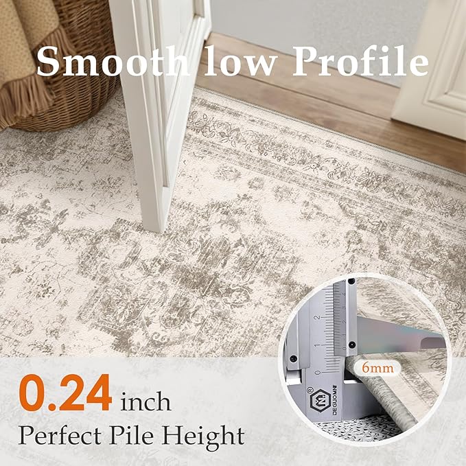 Area Rug 10x14 Beige Washable Living Room Carpet Non Slip Vintage Medallion Indoor Bedroom Carpet Low Pile Soft Retro Distressed Large Rug Home Office Dining Room Playroom